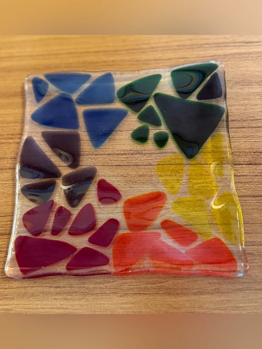 Handmade Fused Glass Mosaic Square Trinket Dish 5.5” Rainbow Colorful Art Deco